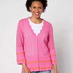 Isaac Mizrahi Live! Button Front Pointelle Cardigan with Wave Tipping - 1X